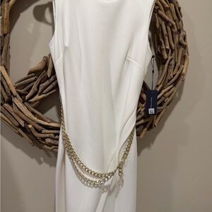Tommy Hilfiger White Sleeveless Midi Dress with Gold Chain Detail